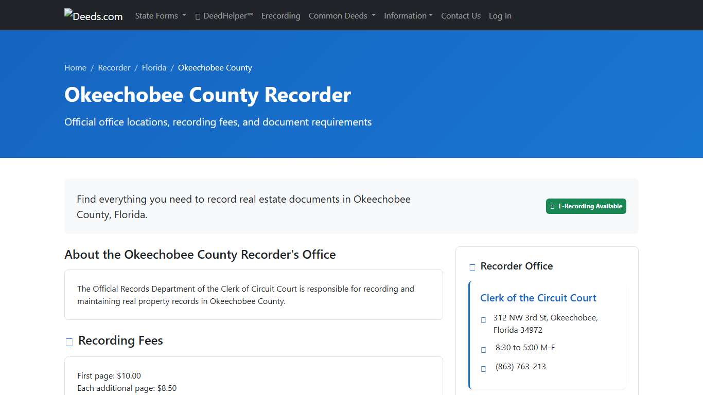 Okeechobee County Recorder Information, Florida - Deeds.com